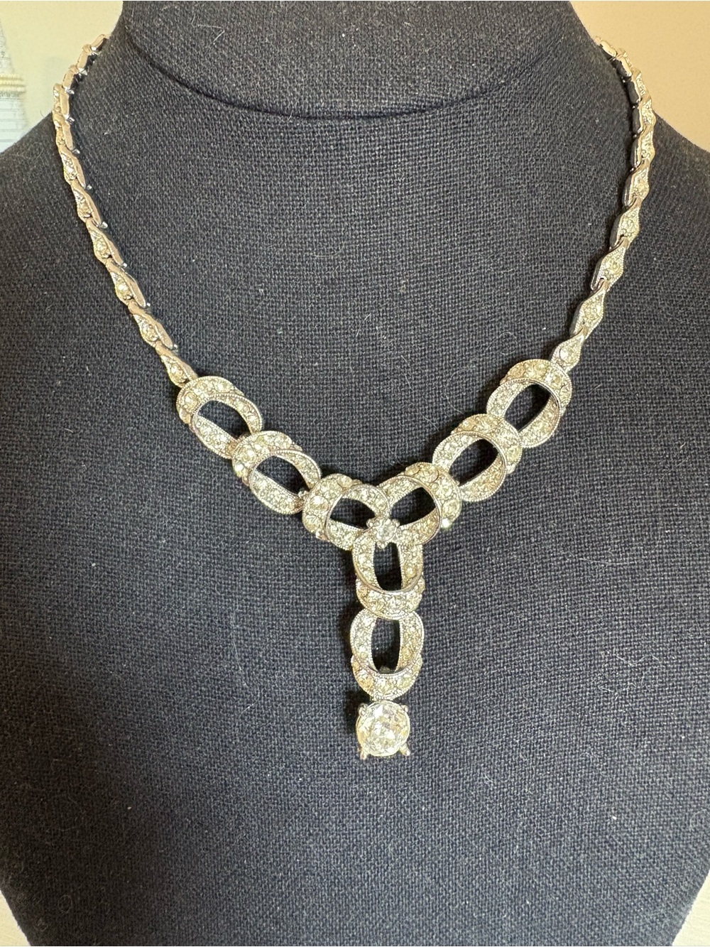 Bogoff vintage clear colorless rhinestone necklace y drop 13-16” silver tone